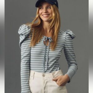 Anthropologie Porridge Puff Sleeve Striped Blue Top M